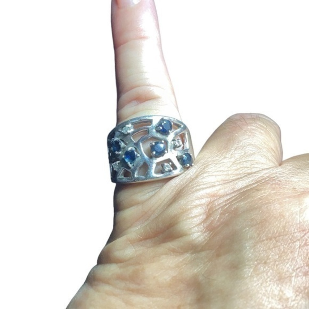 Sterling silver blue and white sapphire ring